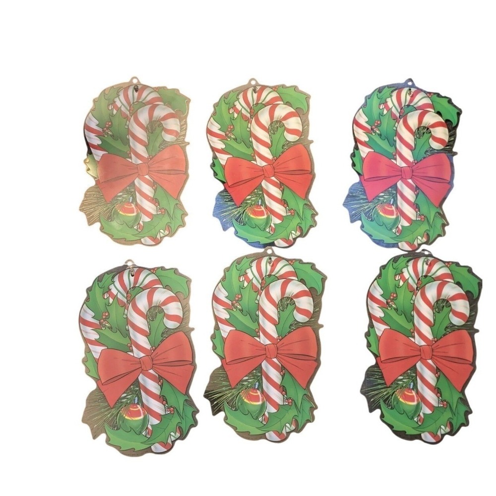 Vintage 1960s Candy Cane Window Clings Suction Cups Retro Christmas Décor Set 6